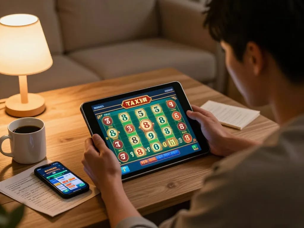 Engaged player utilizing a Taixiuonline app on tablet, strategic gaming scene in cozy home environment.