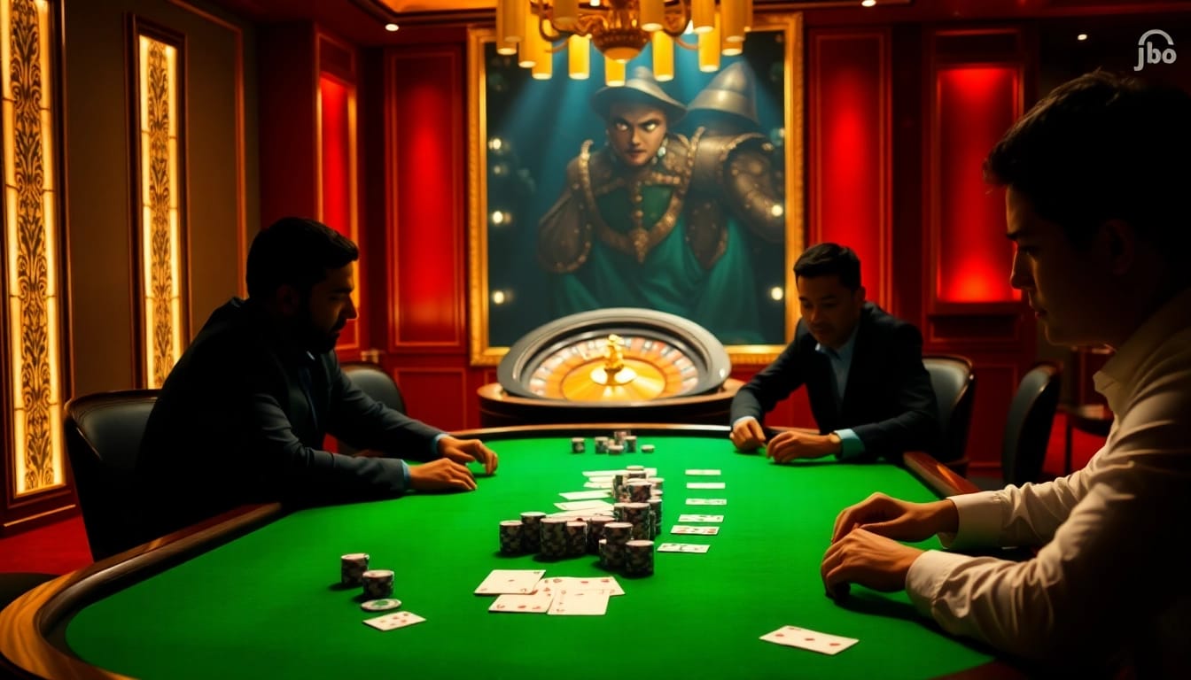JBO poker action with vibrant chips and cards in a luxurious casino environment.