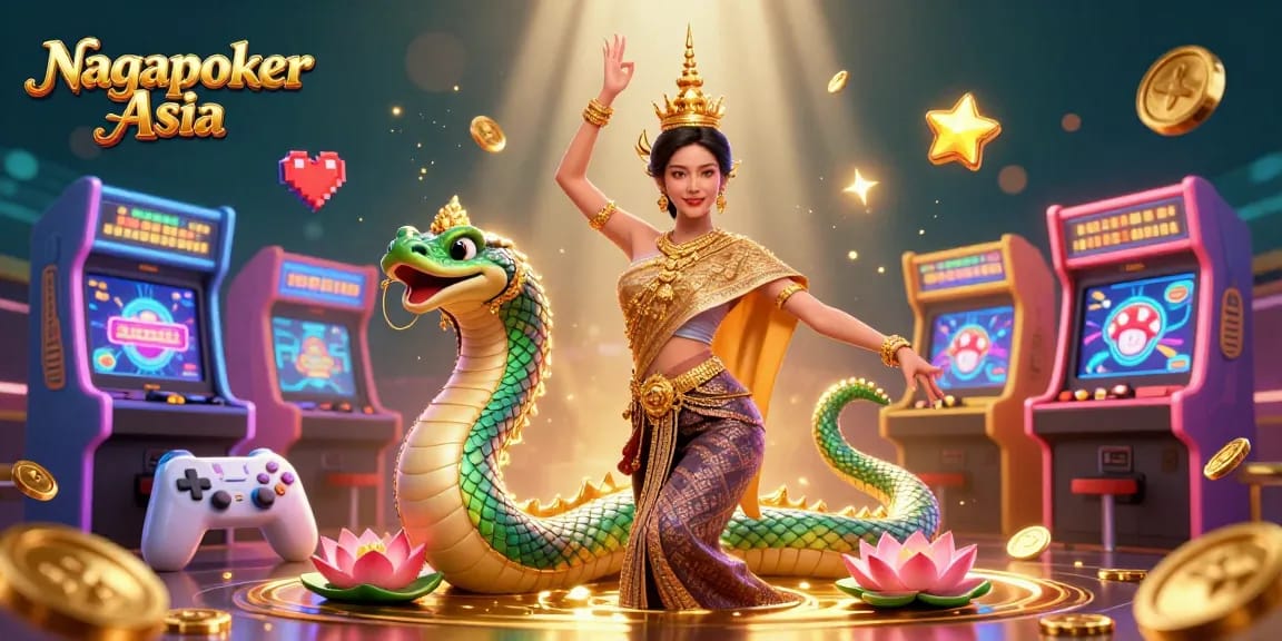 Nagapoker Asia showcases a vibrant 3D digital casino scene blending Thai culture with gaming excitement.