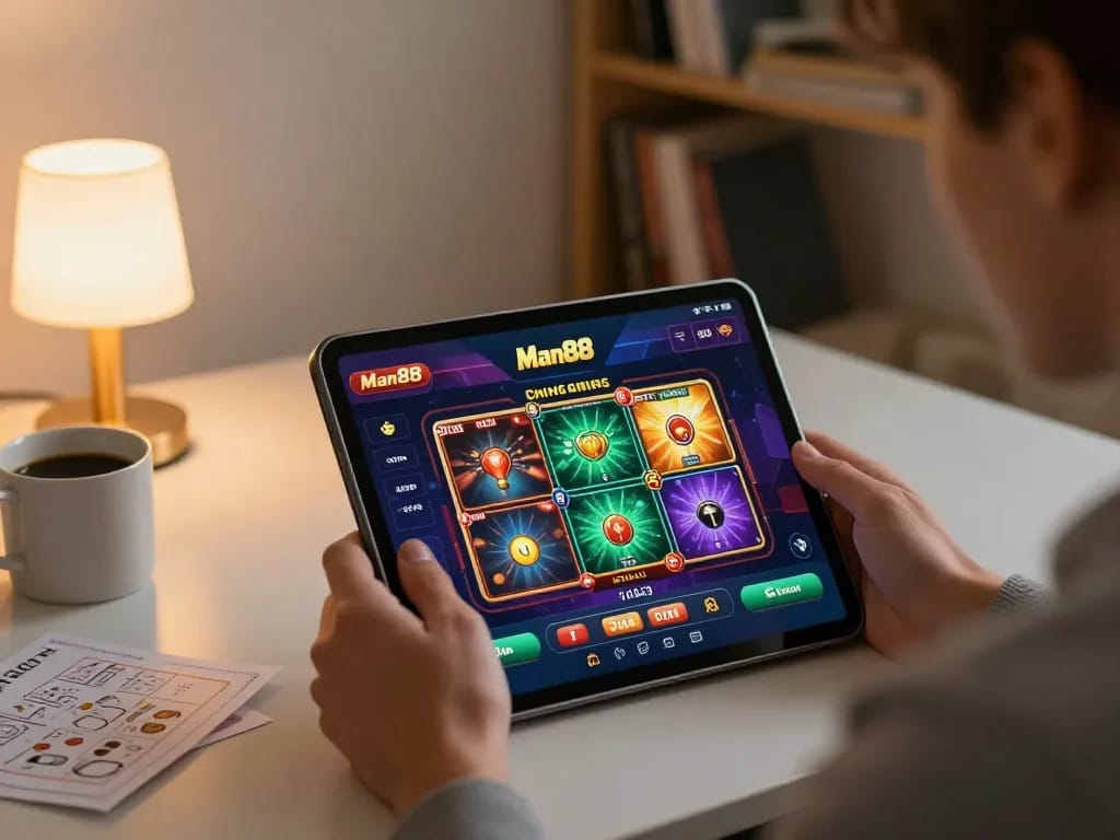 An individual engaged in the Man88 casino app experience, emphasizing strategic gameplay in a cozy home setting.