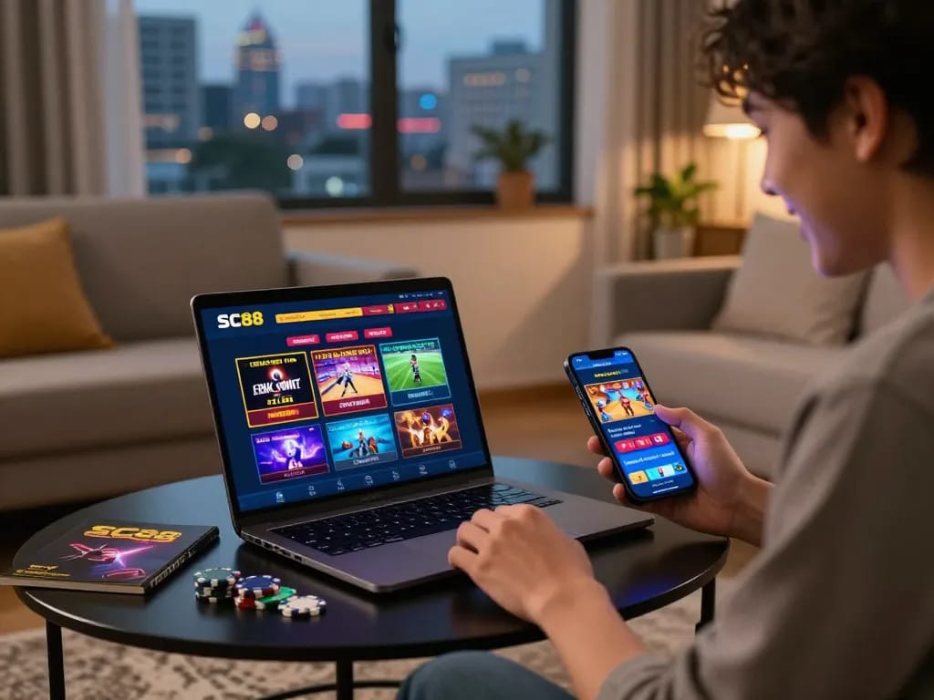 Player interacting with SC88 online gambling platform on laptop and smartphone in cozy living room, showcasing an engaging gaming experience.