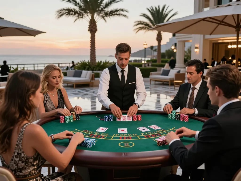 Players engage strategically in a lively baccarat game at an FC88 casino outdoor terrace, capturing the luxurious atmosphere.