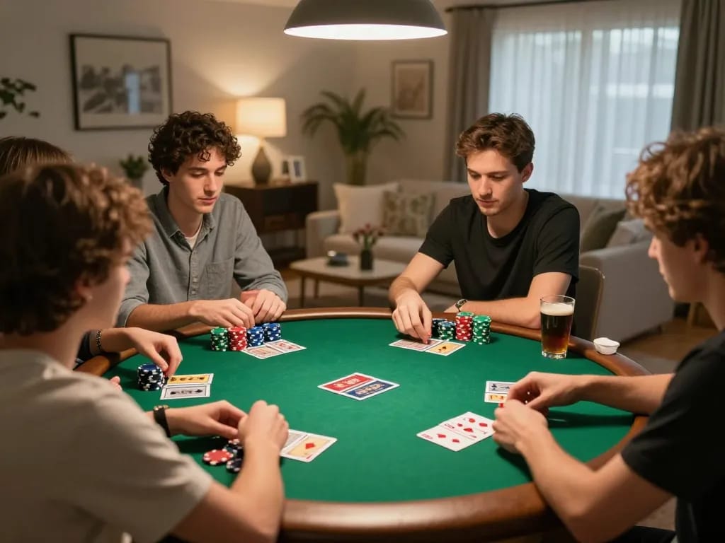 CM88 players engaged in a friendly home poker game with chips and cards visible, celebrating camaraderie.