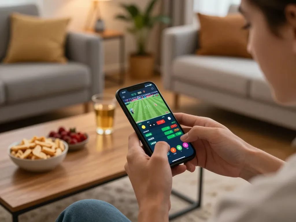 RR88 user actively placing sports bets on a smartphone, showcasing exciting betting options and odds in a cozy environment.