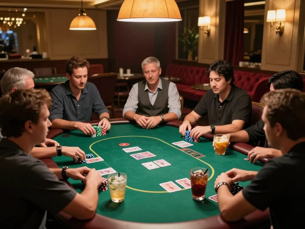 Engaged players strategizing in a high-stakes poker game at a casino, link 5699 enhancing the atmosphere.
