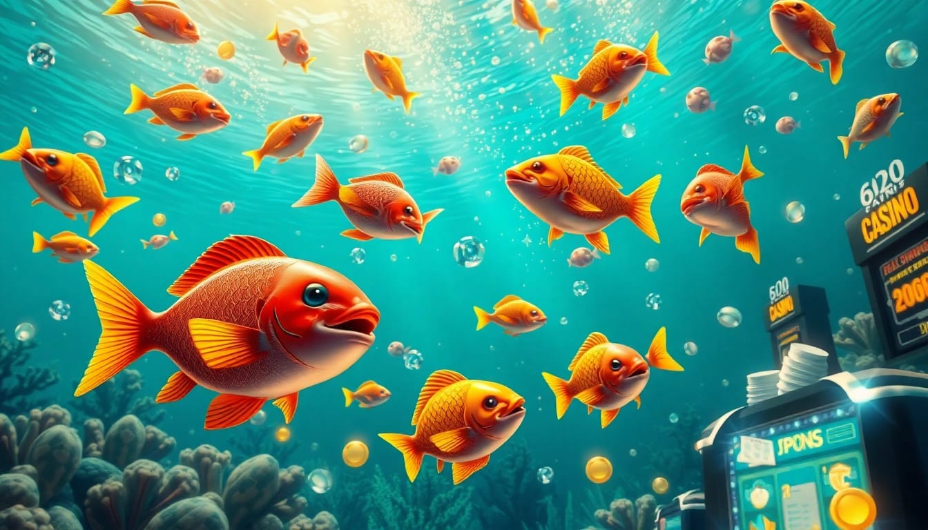 Bắn cá đổi thưởng thriving in an underwater casino filled with colorful fish and sparkling treasures.