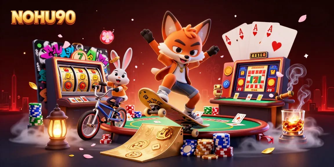 NOHU90 engages players with a vibrant 3D scene of thrilling casino elements and characters.