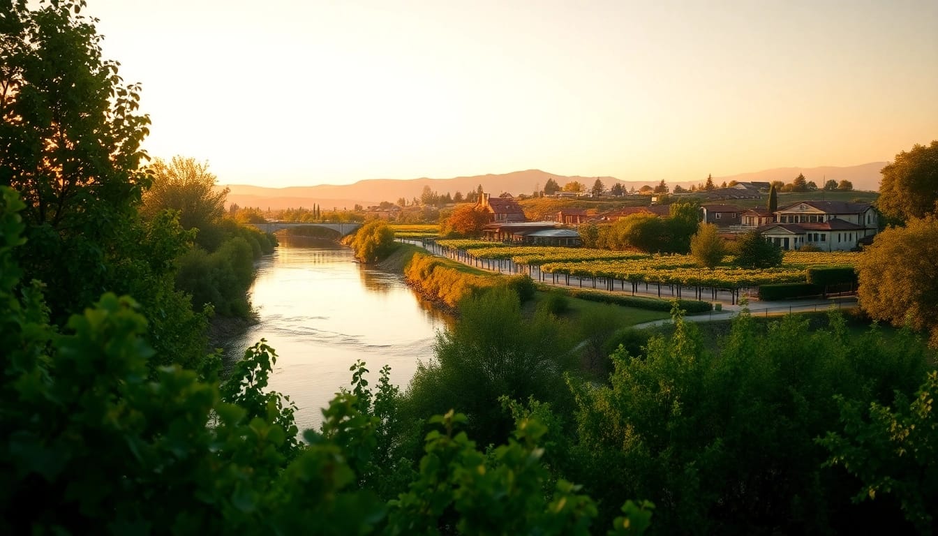 Discover the serene landscape of Clarksburg, California, showcasing the Sacramento River and vineyards.