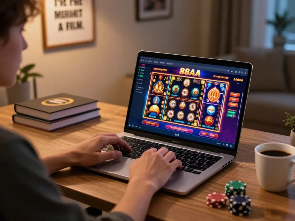 Player engaging with 88aa online casino on a sleek laptop at home, showcasing interactive gaming.