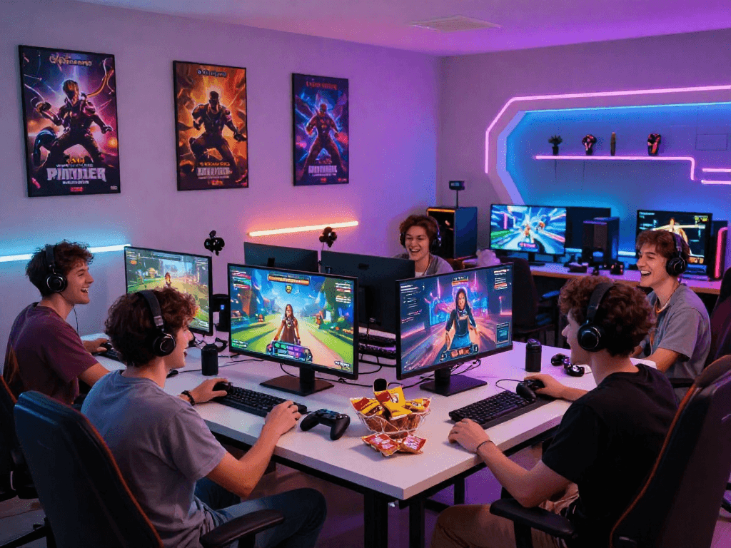 Dynamic gaming scene featuring friends playing porn games online with vibrant visuals and a lively atmosphere.