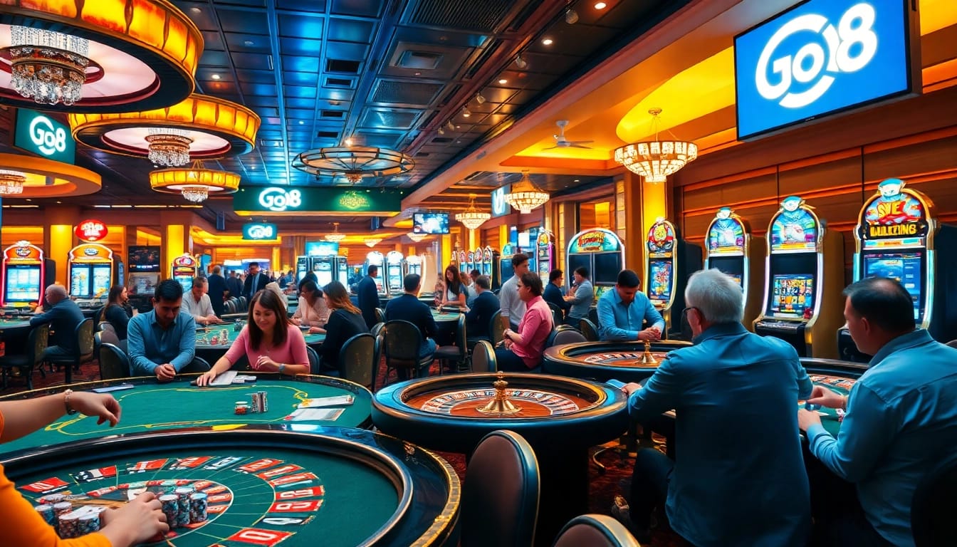 Go8 players enjoying vibrant casino tables, showcasing excitement and winning strategies.