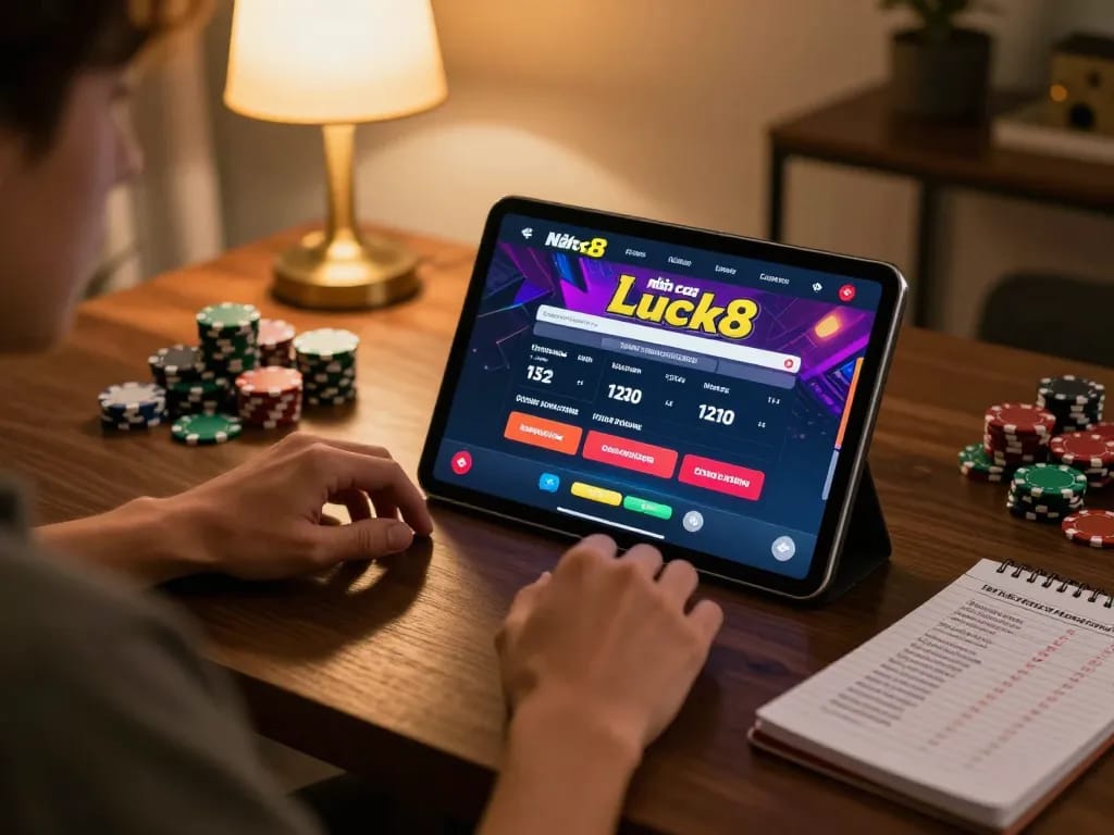 Engaged player using Nhà cái Luck8 on tablet, showcasing strategic gaming environment