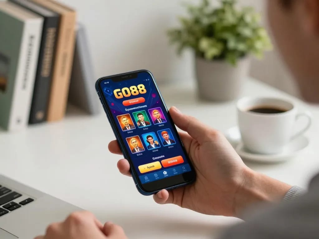 Player exploring the GO 88 mobile app for exciting gaming opportunities in a cozy home setting.