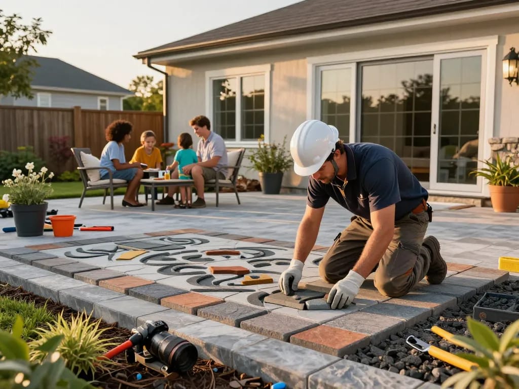 Paver contractors near me transforming an outdoor space with exquisite patio installation, showcasing craftsmanship and family enjoyment.
