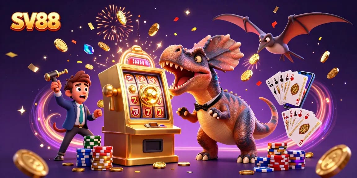 SV88 slots come alive with a dinosaur celebrating a jackpot amidst cascading golden coins.