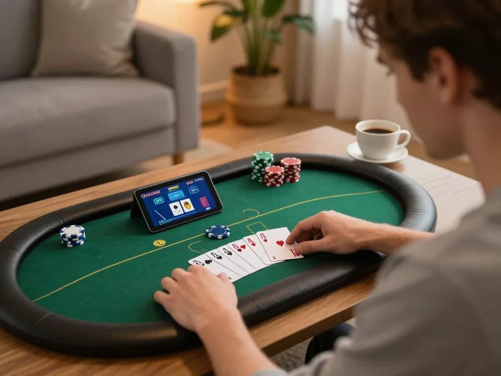 Engaging in tg88 poker gameplay on a tablet at home, showcasing a strategic moment with cards and chips.