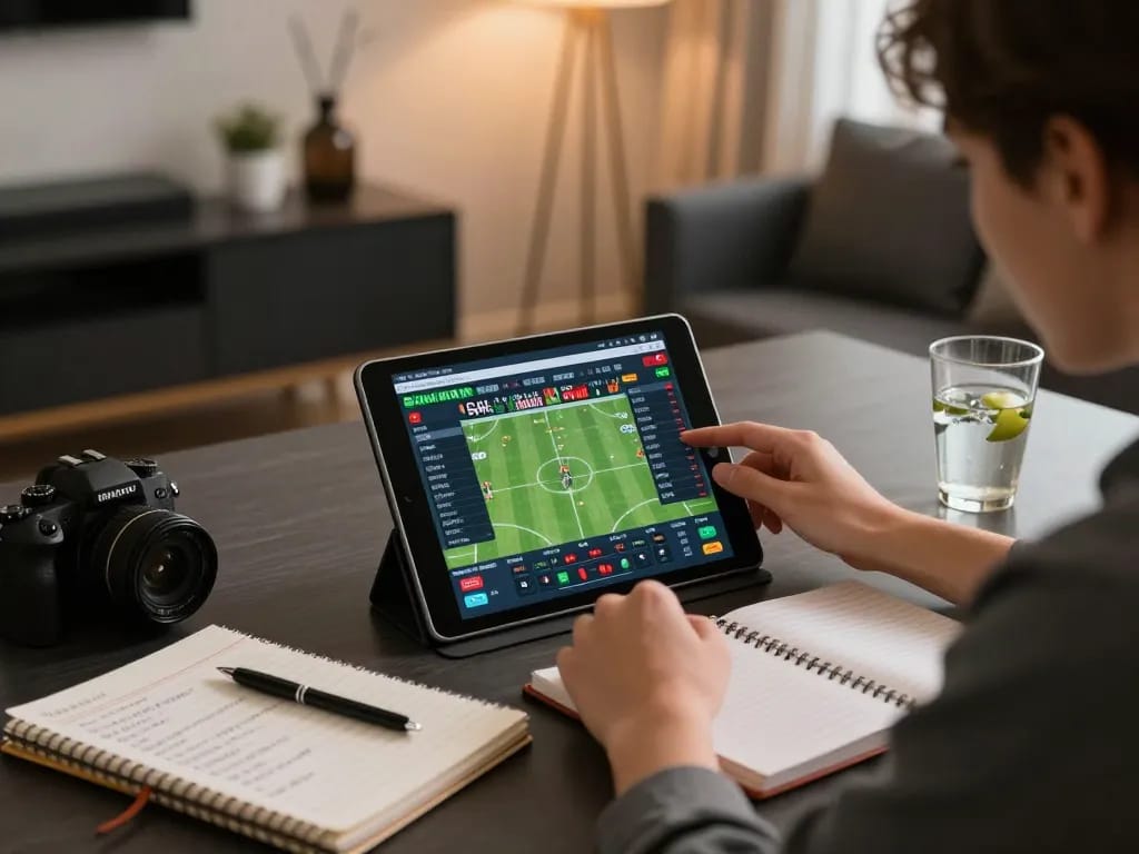 Person using hbet tablet for strategic sports betting analysis in a cozy home office