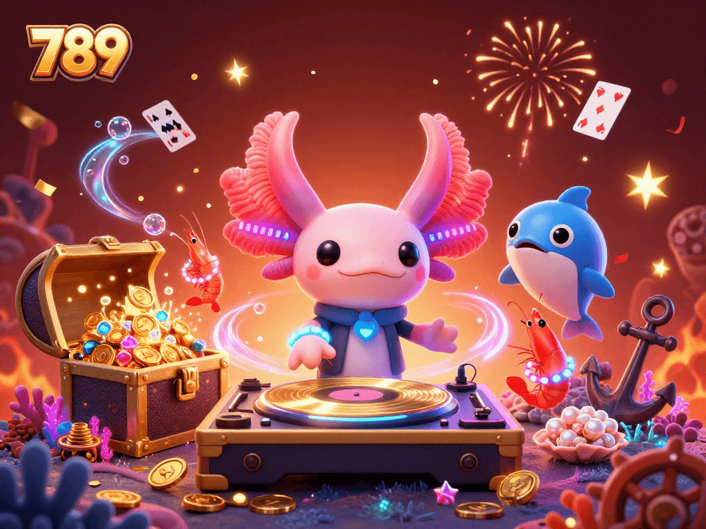 Join the vibrant party at 789 casino with a neon axolotl DJ, treasure, and more!