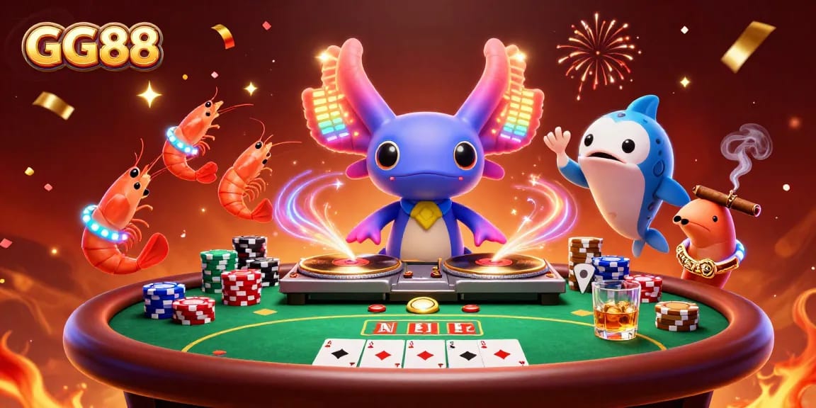 Experience vibrant casino excitement at GG88 with a dynamic 3D scene featuring colorful characters and gaming action.