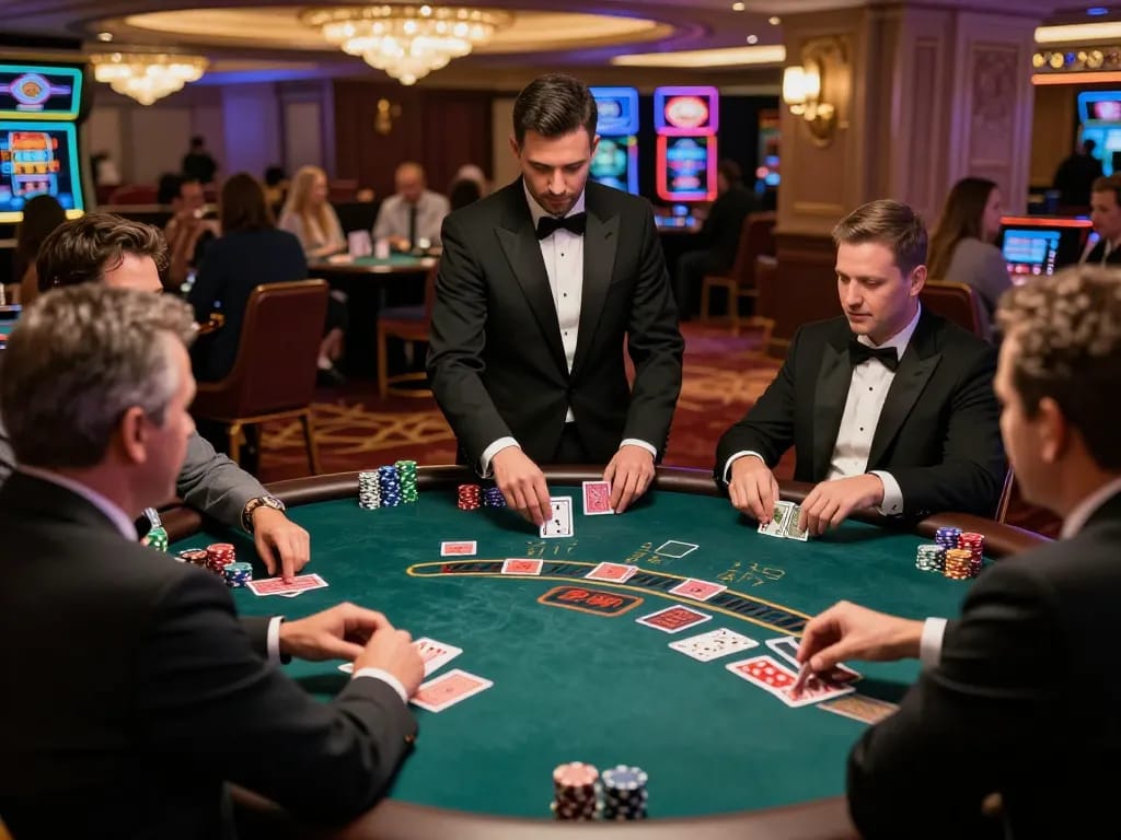 Players at 789 win blackjack table engaging in strategic gameplay among vibrant casino ambiance.