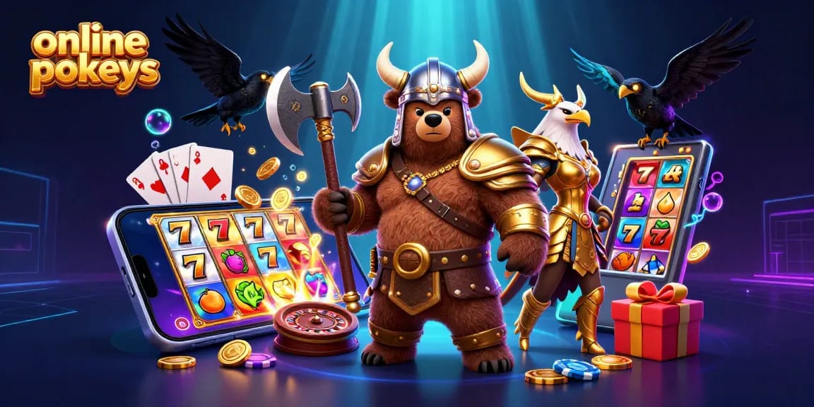 Experience exciting online pokies with a Viking berserker and Valkyrie eagle amidst vibrant slot game elements.