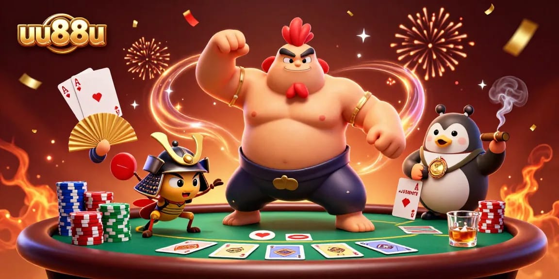uu88u powers up the poker scene with a sumo rooster, samurai cricket, and tanuki announcer.