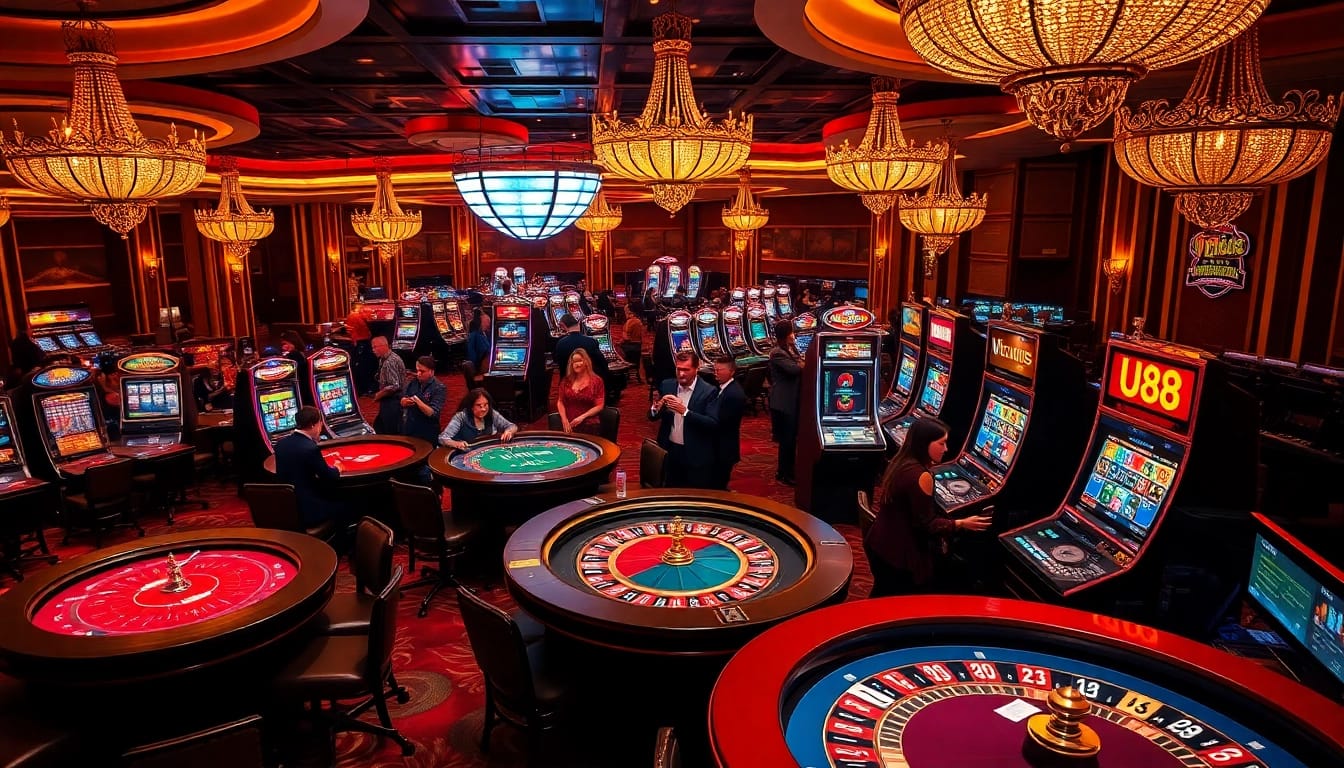 Gamblers at UU88 casino tables place bets, surrounded by luxury decor and slot machines.