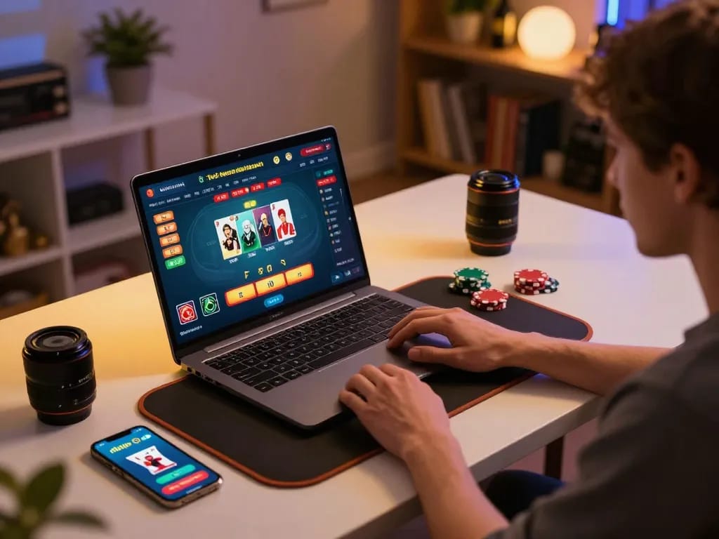 Player engaging with the rikvip online casino app, showing poker gameplay on a laptop at a stylish home desk