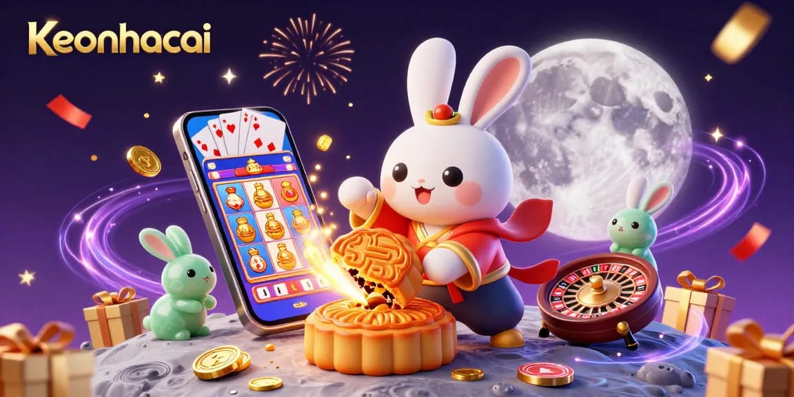 Engage in thrilling gameplay at keonhacai with a vibrant scene of a moon rabbit revealing poker chips.