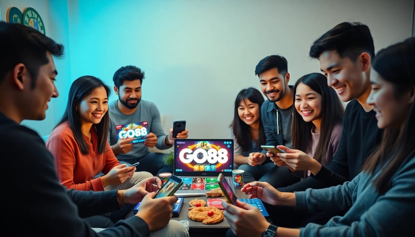 Exciting gaming scene with diverse players using GO88 on multiple devices.