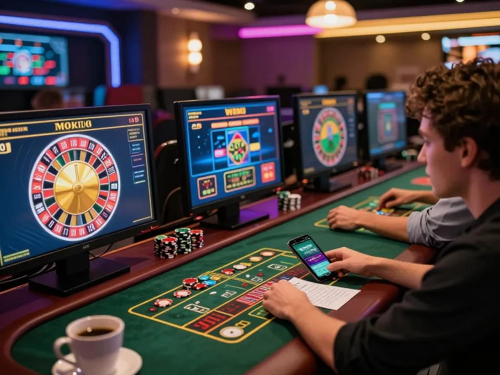 Experience thrilling online casino gaming at https://mm88.today/ with multiple screens showcasing poker and roulette games.