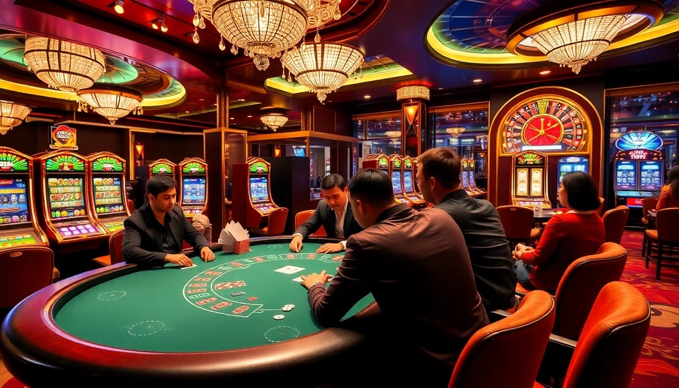 Players engage in an exciting poker game at 8kbet.com, with a luxurious casino environment.