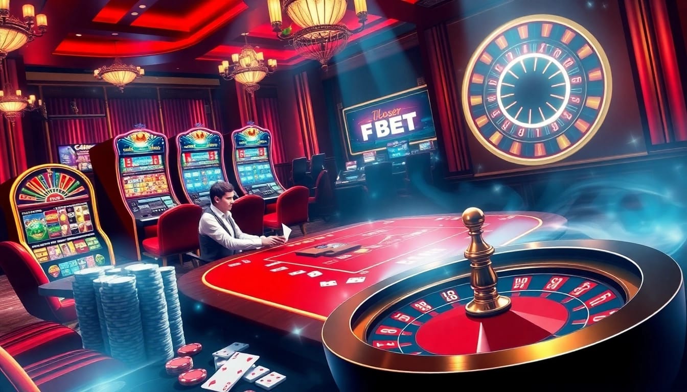 Experience the thrilling atmosphere of F8 BET with a vibrant casino scene showing players at a poker table and slot machines.