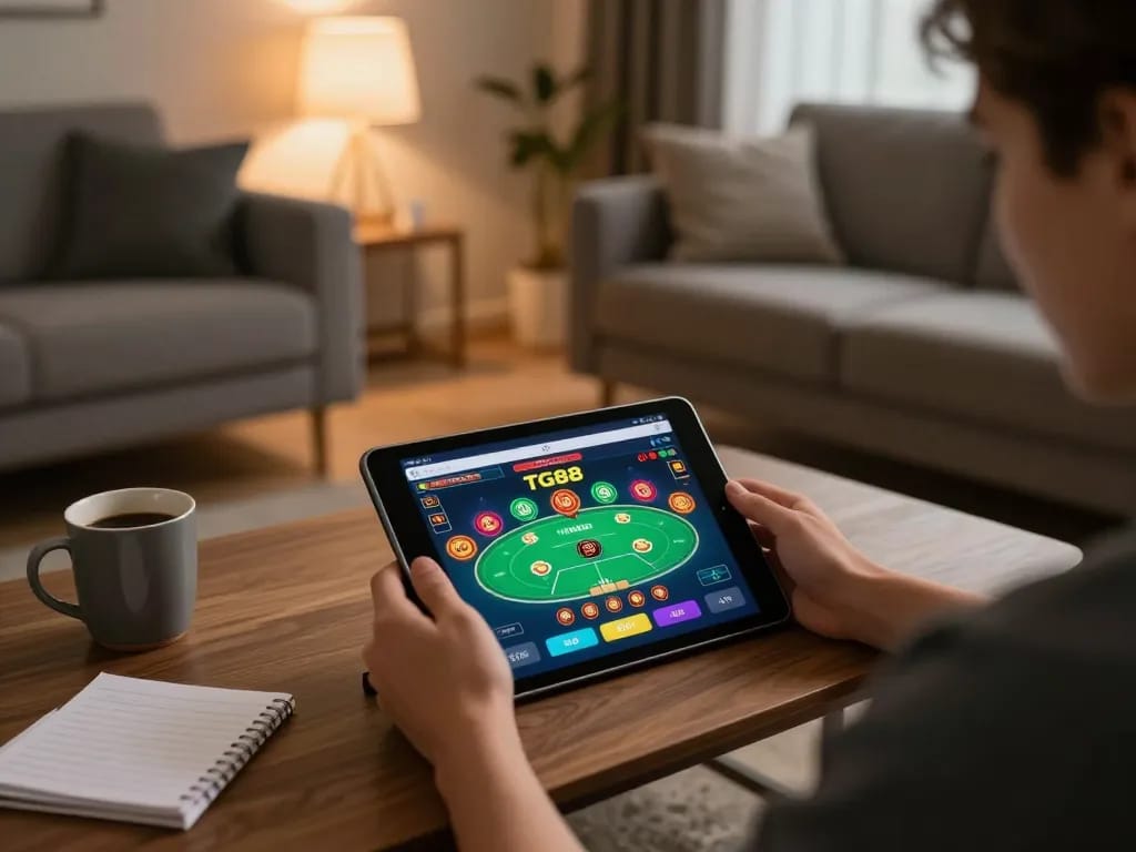 Tải tg88 using the casino app on a tablet in a cozy home setting for online gaming.