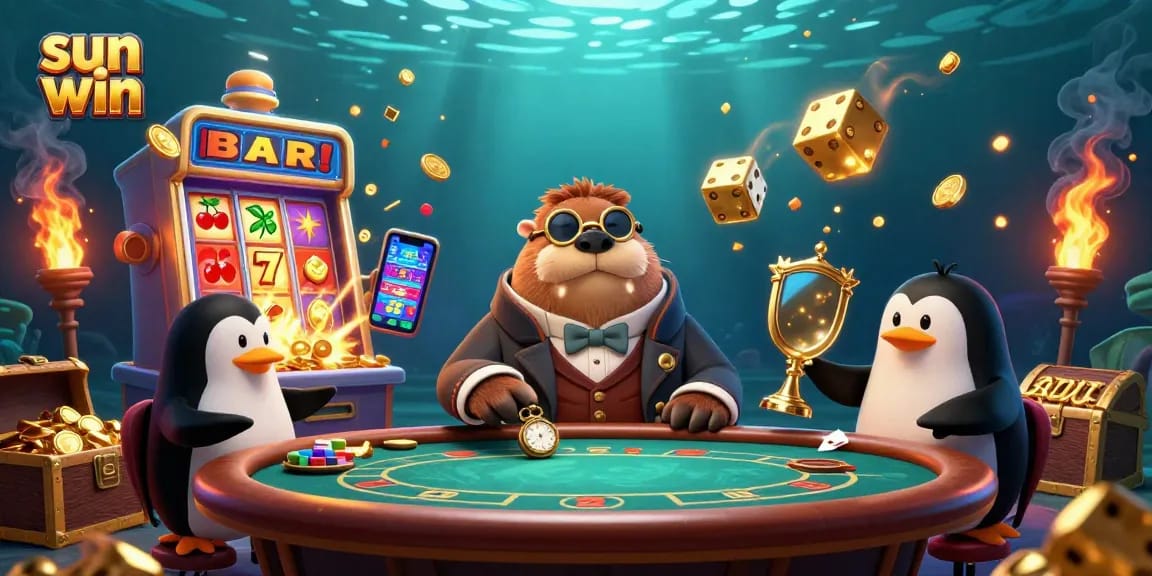 Experience the excitement of sun win with a captivating underwater poker game featuring playful characters and vibrant casino elements.