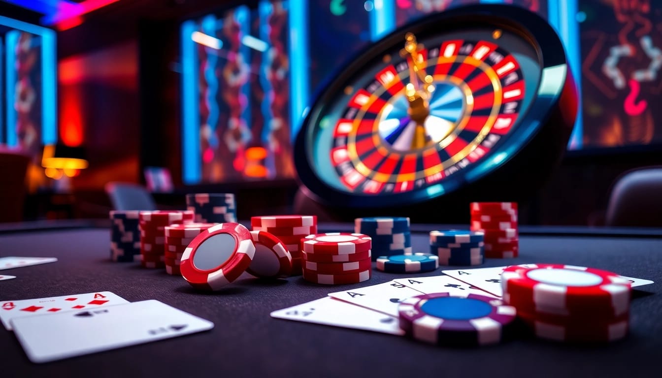 Engage in exciting gambling at https://kkwin.black/ with vibrant casino visuals featuring roulette and poker elements.