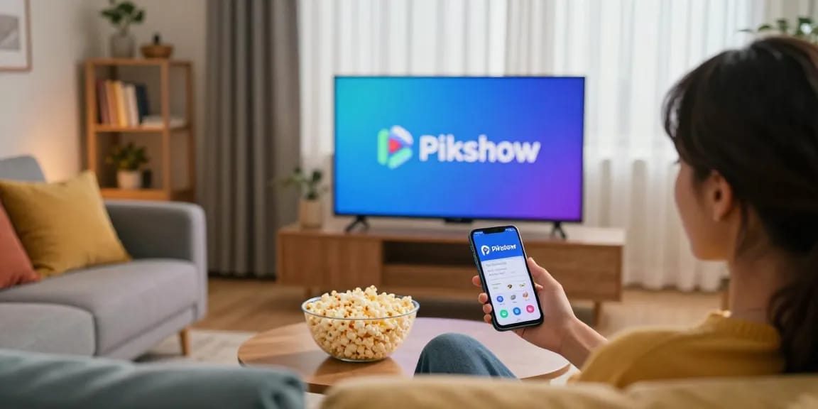 Pikashow streaming experience in a cozy living room with popcorn and a smartphone.