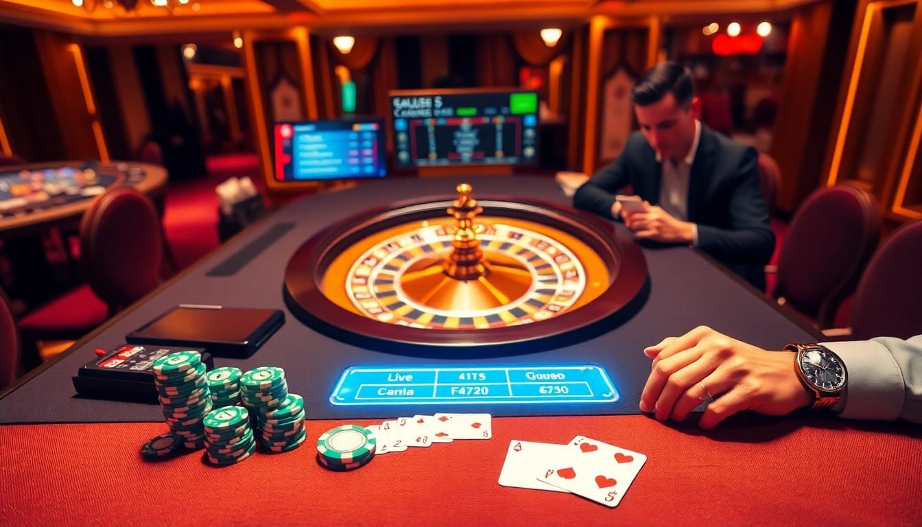 Engaging scene of kèo nhà cái 5 betting on a luxurious casino table with poker chips and cards.