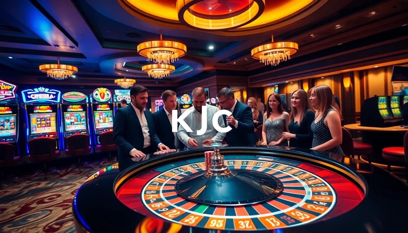 KJC casino players strategizing around a roulette table, showcasing vibrant gambling excitement.