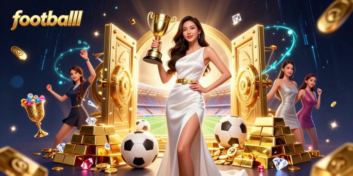 footballl showcases a victorious woman holding a trophy among vibrant sports betting elements.