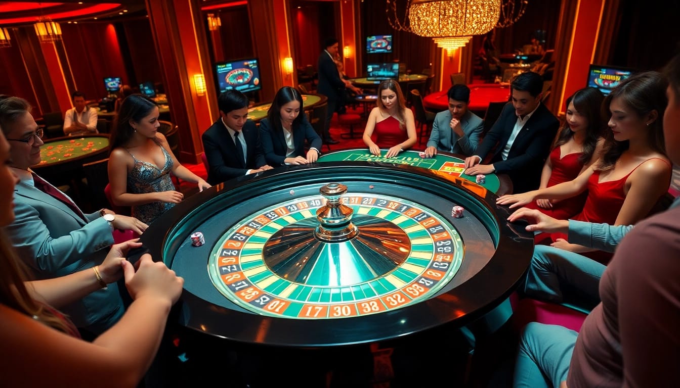Experience the thrill of sv 388 in a luxurious casino setting with players at a vibrant roulette table.