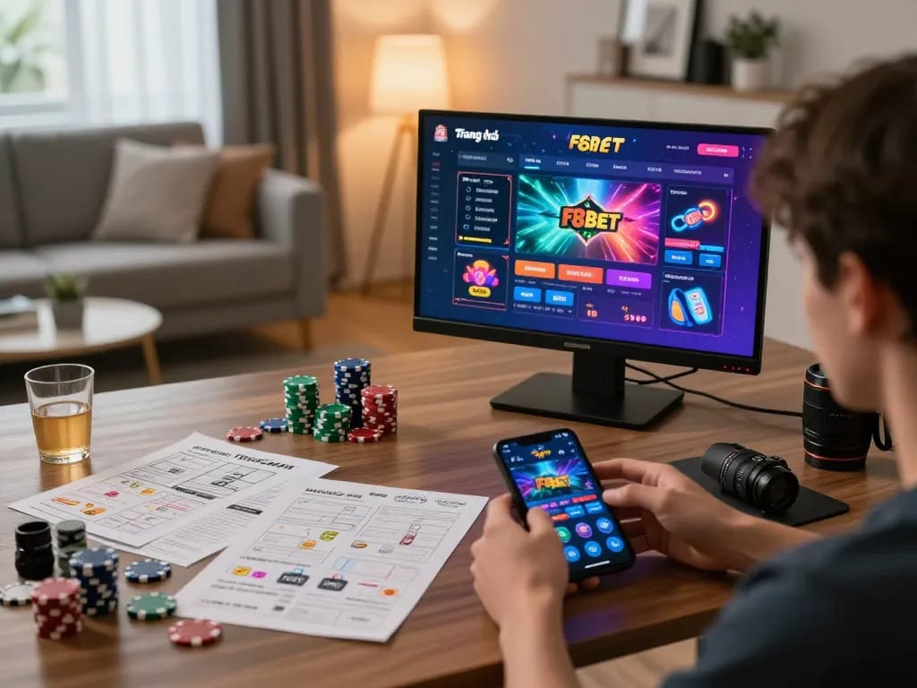 Player engaging on Trang chủ F8bet mobile app with colorful graphics and gaming chips visible.