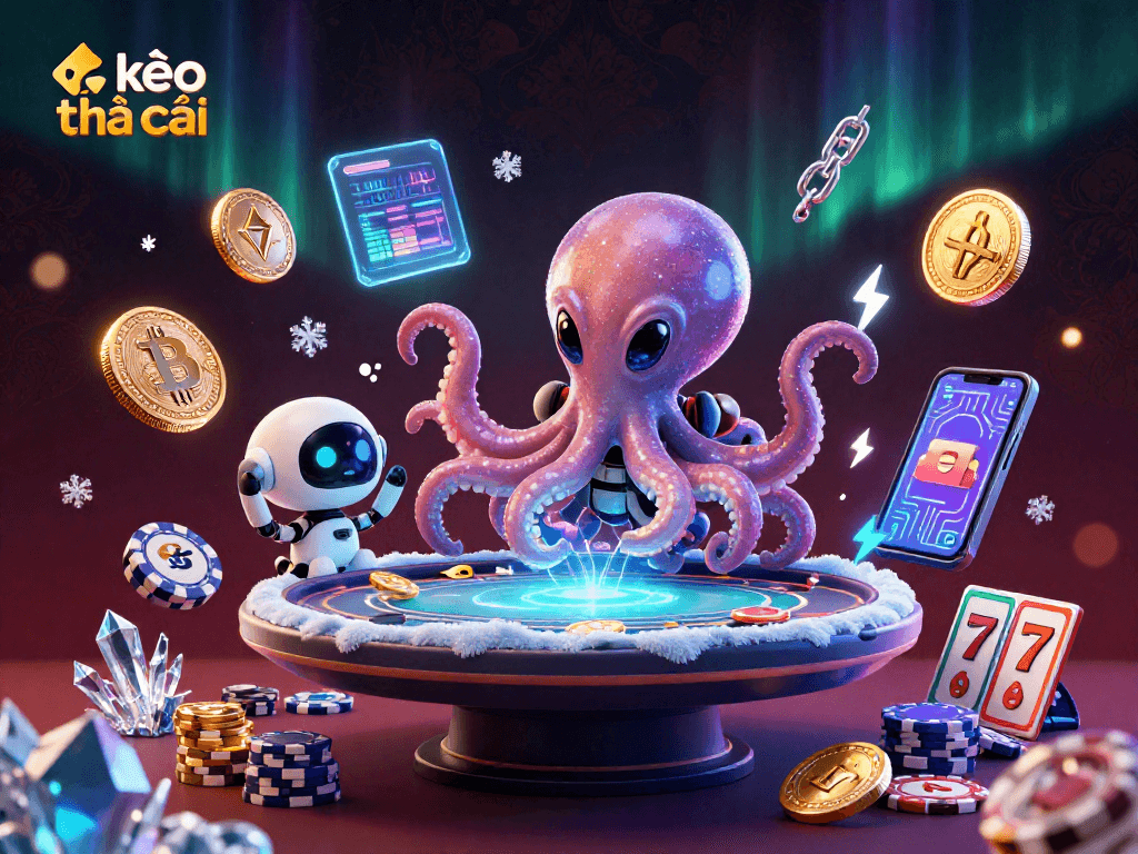 Engage in thrilling kèo nhà cái action with a vibrant illustration of an alien octopus at a poker table, showcasing exciting casino elements.