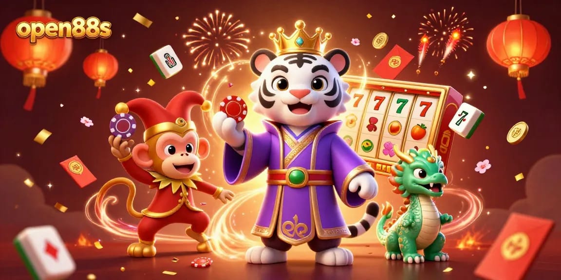 Experience thrilling wins with open88s in a vibrant, ultra-detailed casino illustration showcasing lucky elements.
