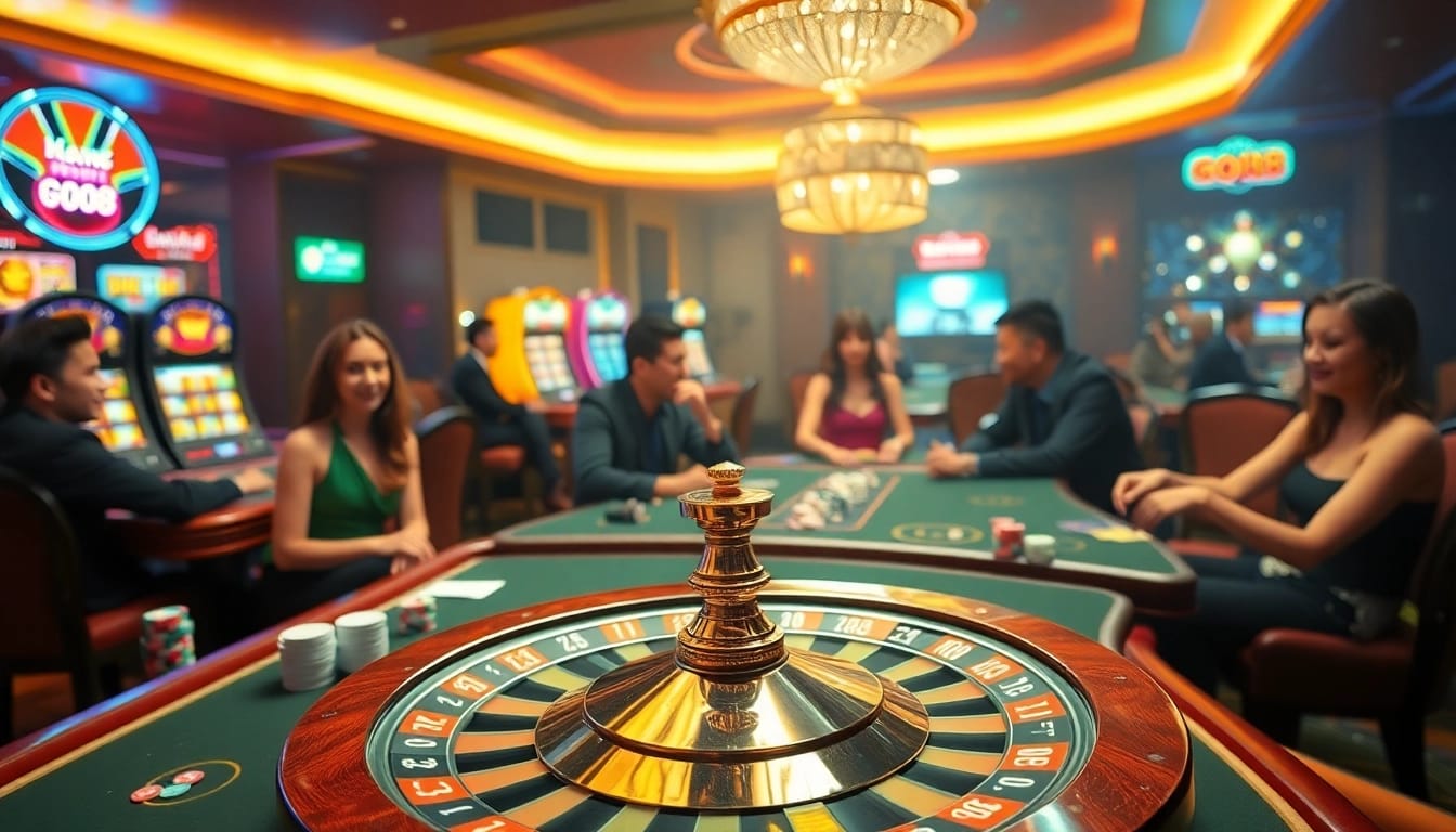 Exciting gambling action showcasing Nhà Cái GO88 at a vibrant casino with poker tables and a roulette wheel.