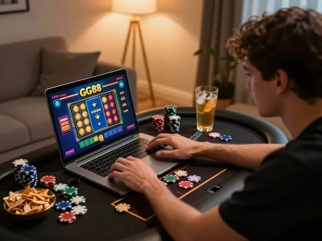 Player engaging on GG88 platform at home with poker game on laptop, cozy surroundings