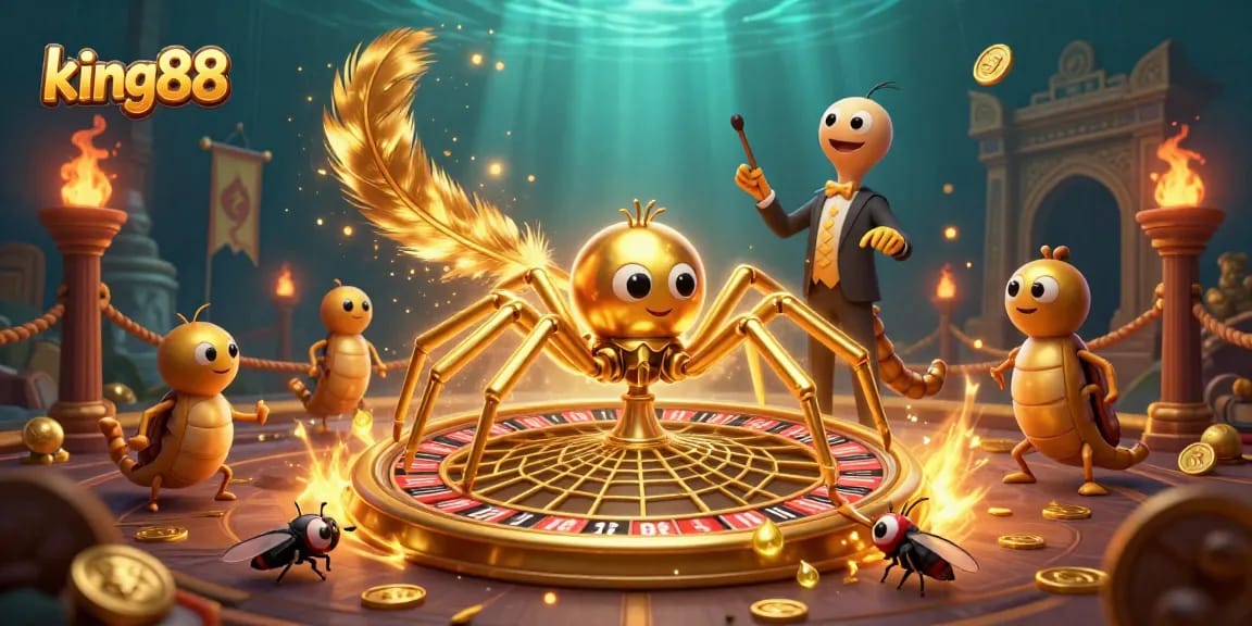 Experience king88's vibrant casino world with a golden roulette web and animated characters.