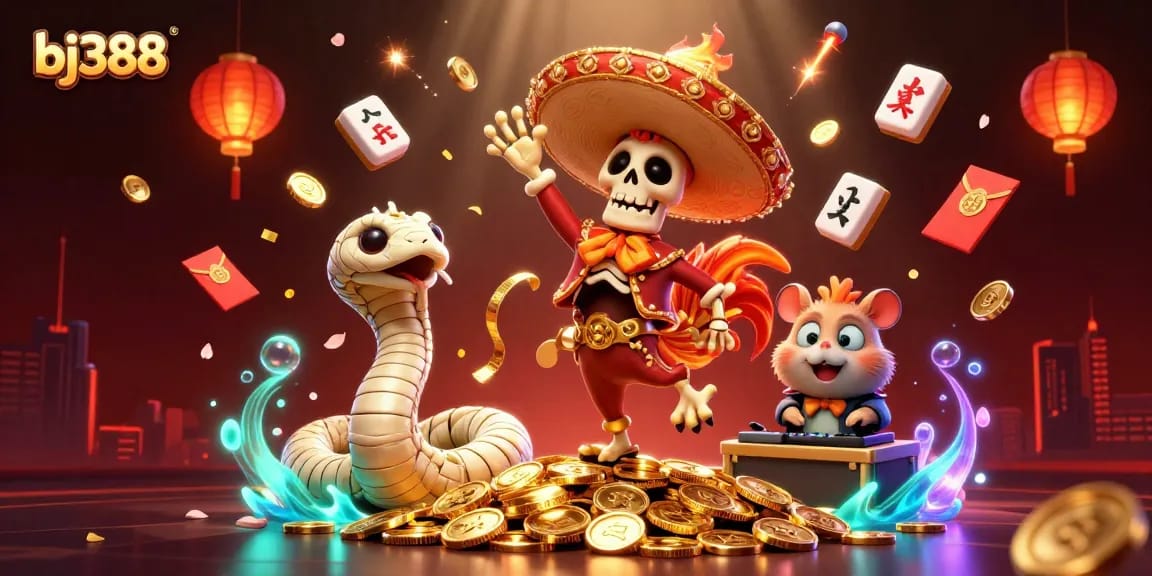 Experience the excitement of bj388 with a vibrant 3D casino scene illustrating thrilling characters celebrating on golden coins.