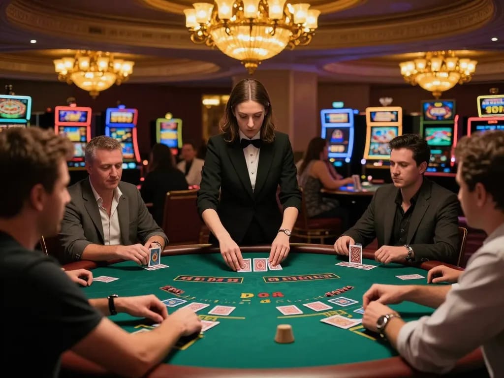 Players strategizing at Luckywin club blackjack tables in a lively casino atmosphere.