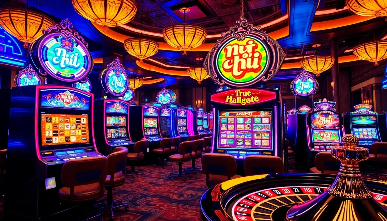 Experience the excitement of nổ hũ at a luxurious casino, showcasing vibrant slots and elegant decor.